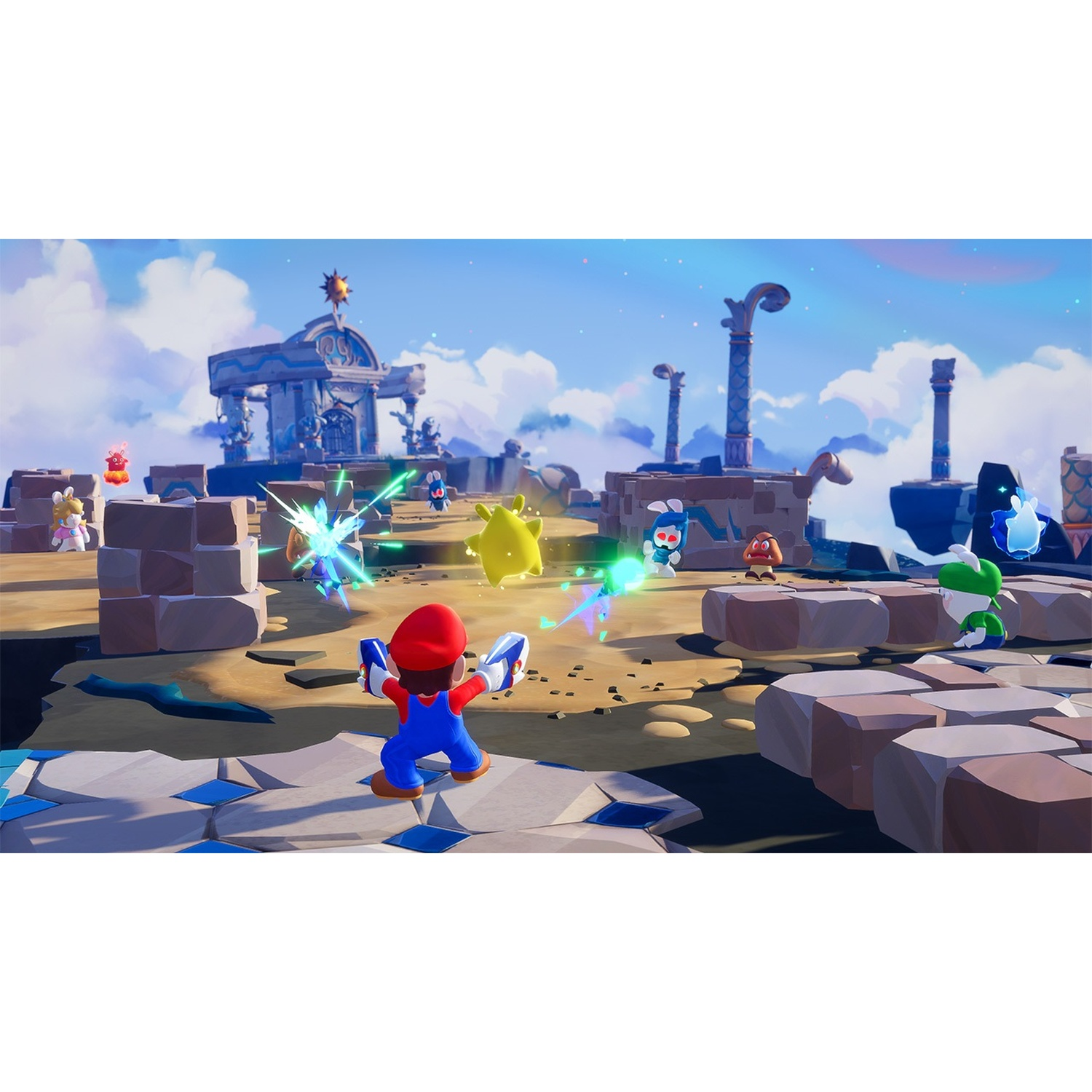 Mario in tuta blu e berretto rosso, con due blaster, affronta vari personaggi dei cartoni animati in un ambiente vivace.
