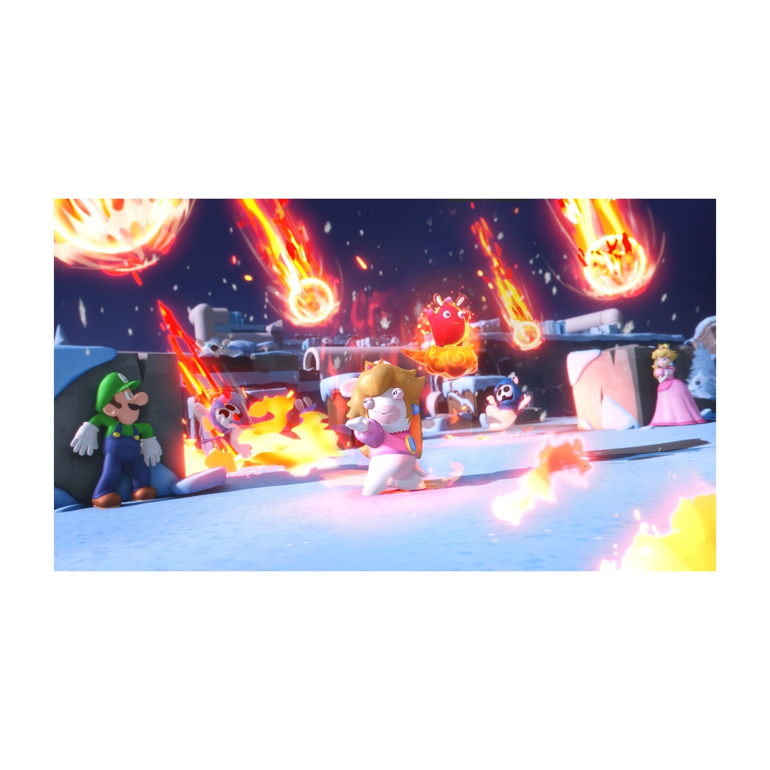 Luigi e Rabbid Peach affrontano meteoriti infuocati in un paesaggio innevato. Altri personaggi includono Rabbids, Peach e una creatura blu.