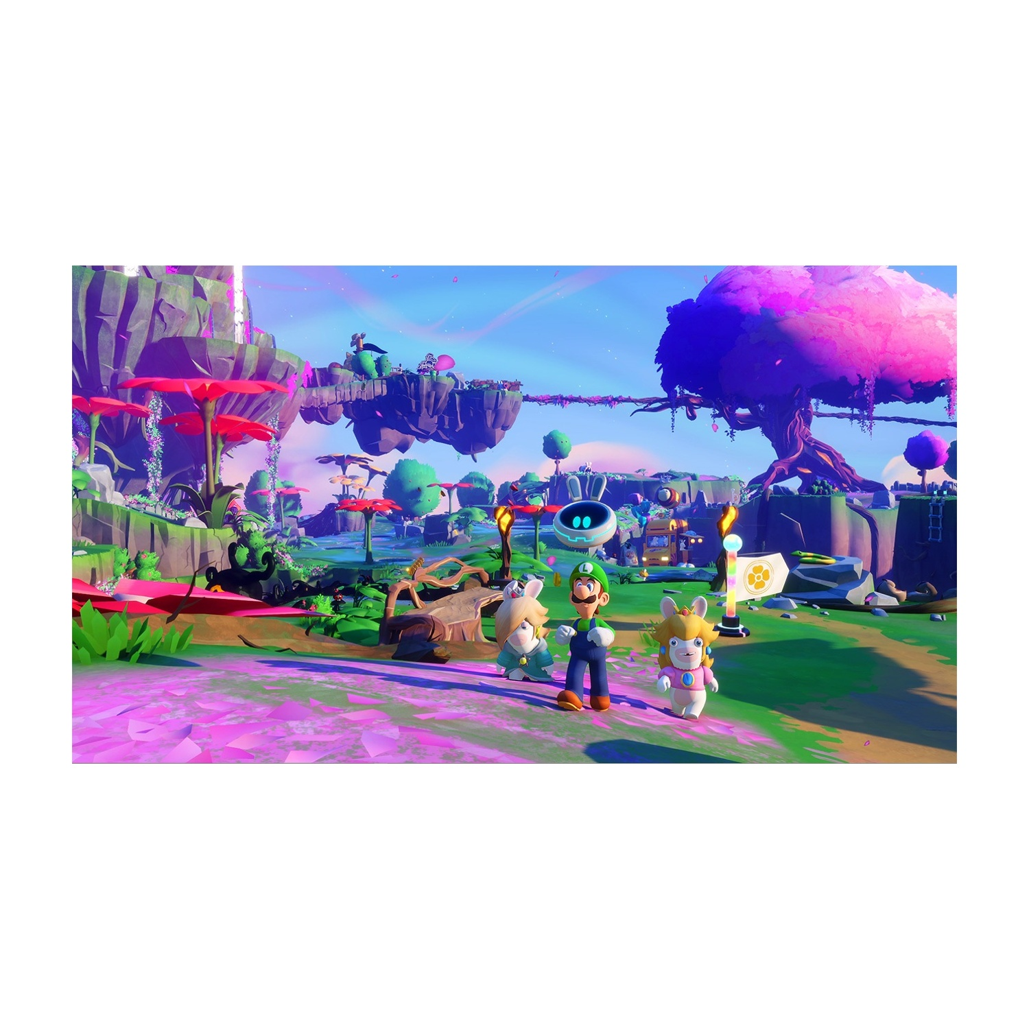 Mario, Rosalinda e Rabbid Peach sono in un paesaggio fantasy colorato con isole fluttuanti e un grande albero viola.