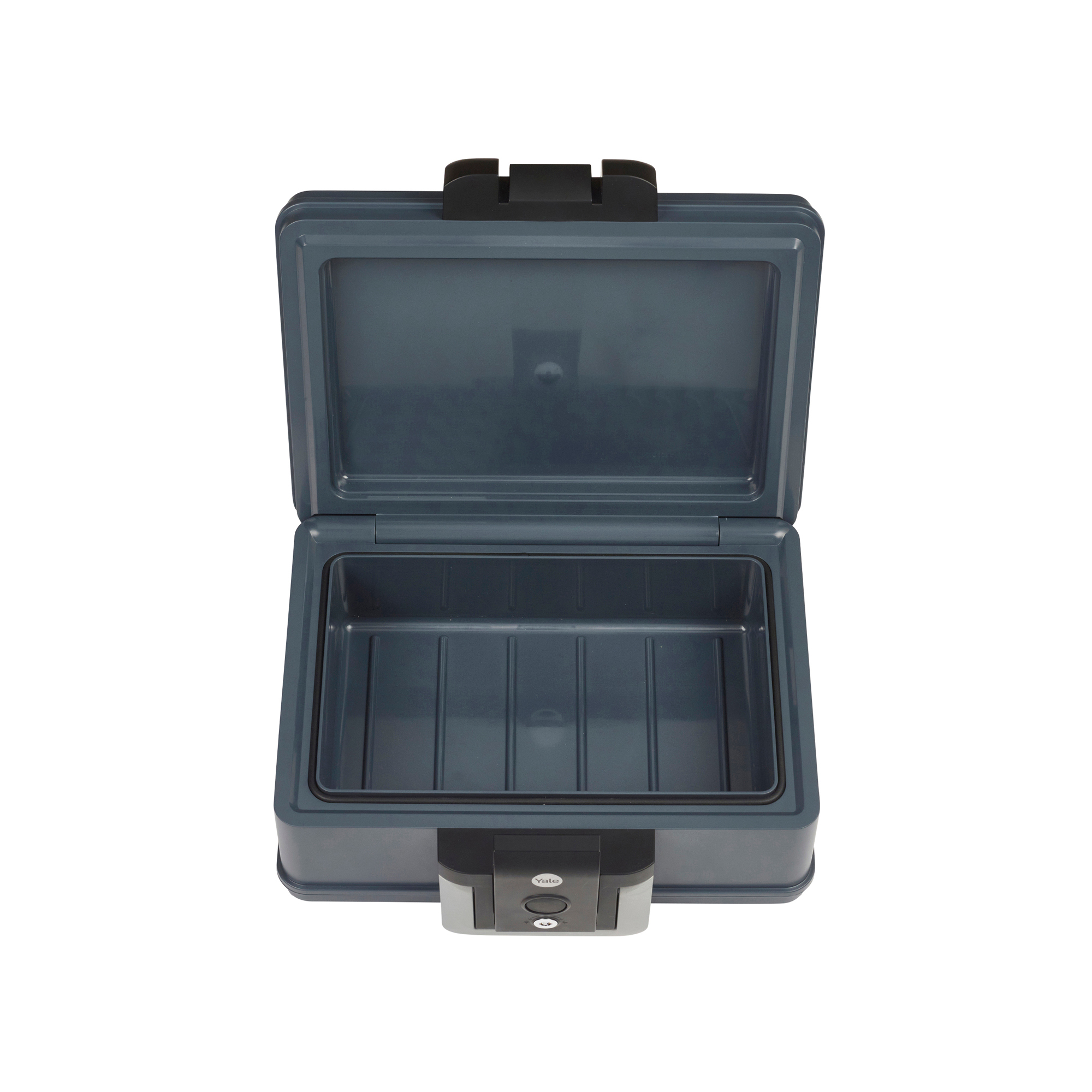 Geöffnete, graue Safe-Box auf weißem Hintergrund. Die Box hat einen schwarzen Griff und ein Bedienfeld mit Knöpfen.