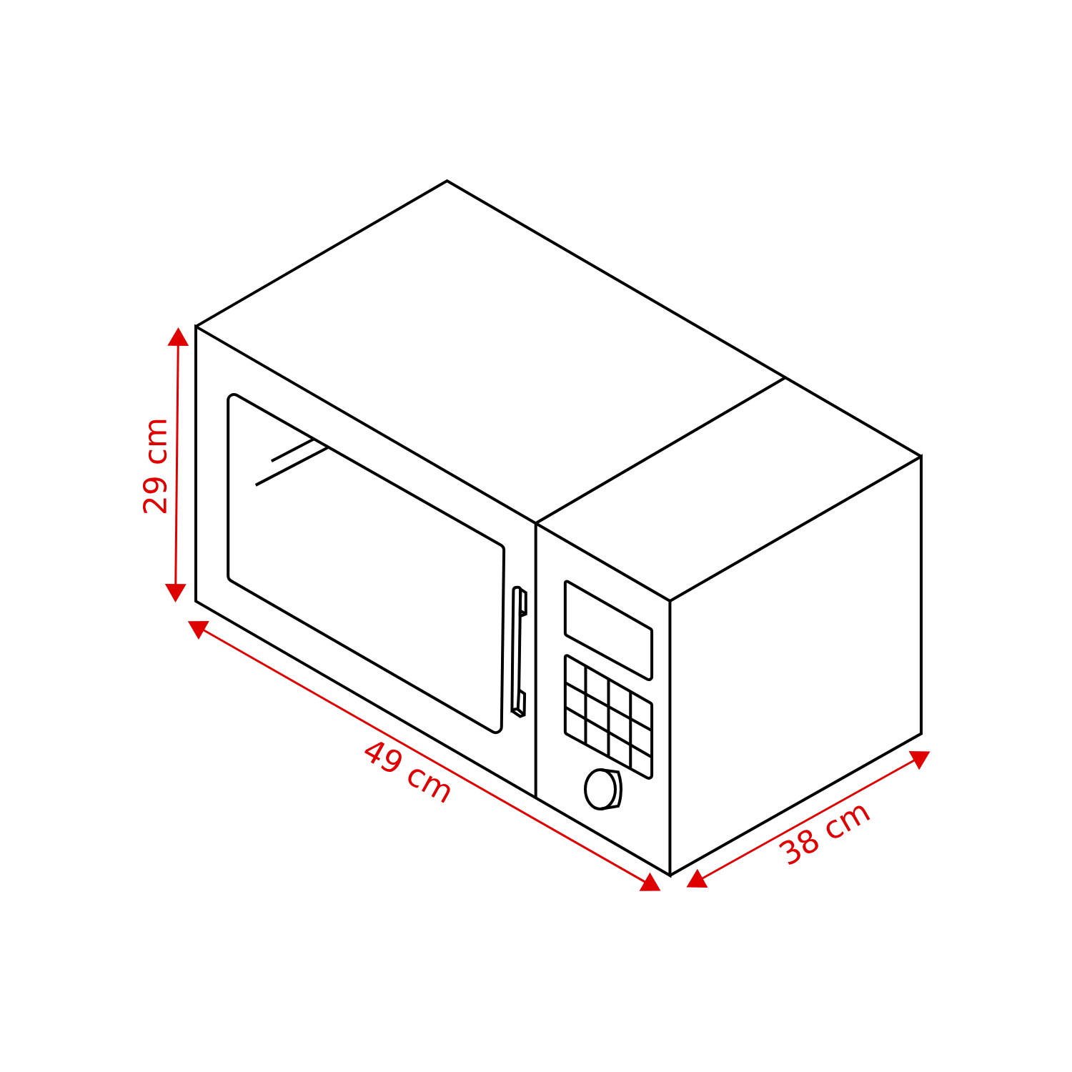 Lijntekening van een magnetron met afmetingen: 29 cm hoog, 49 cm breed en 38 cm diep. Details: deur, toetsenbord en display.