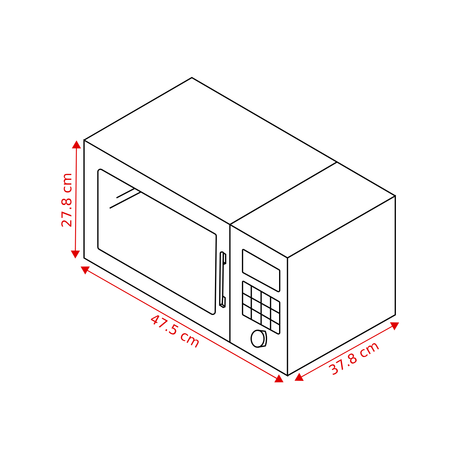 An isometric view of a microwave oven with dimensions labeled. The oven has a door, control panel, and a handle.