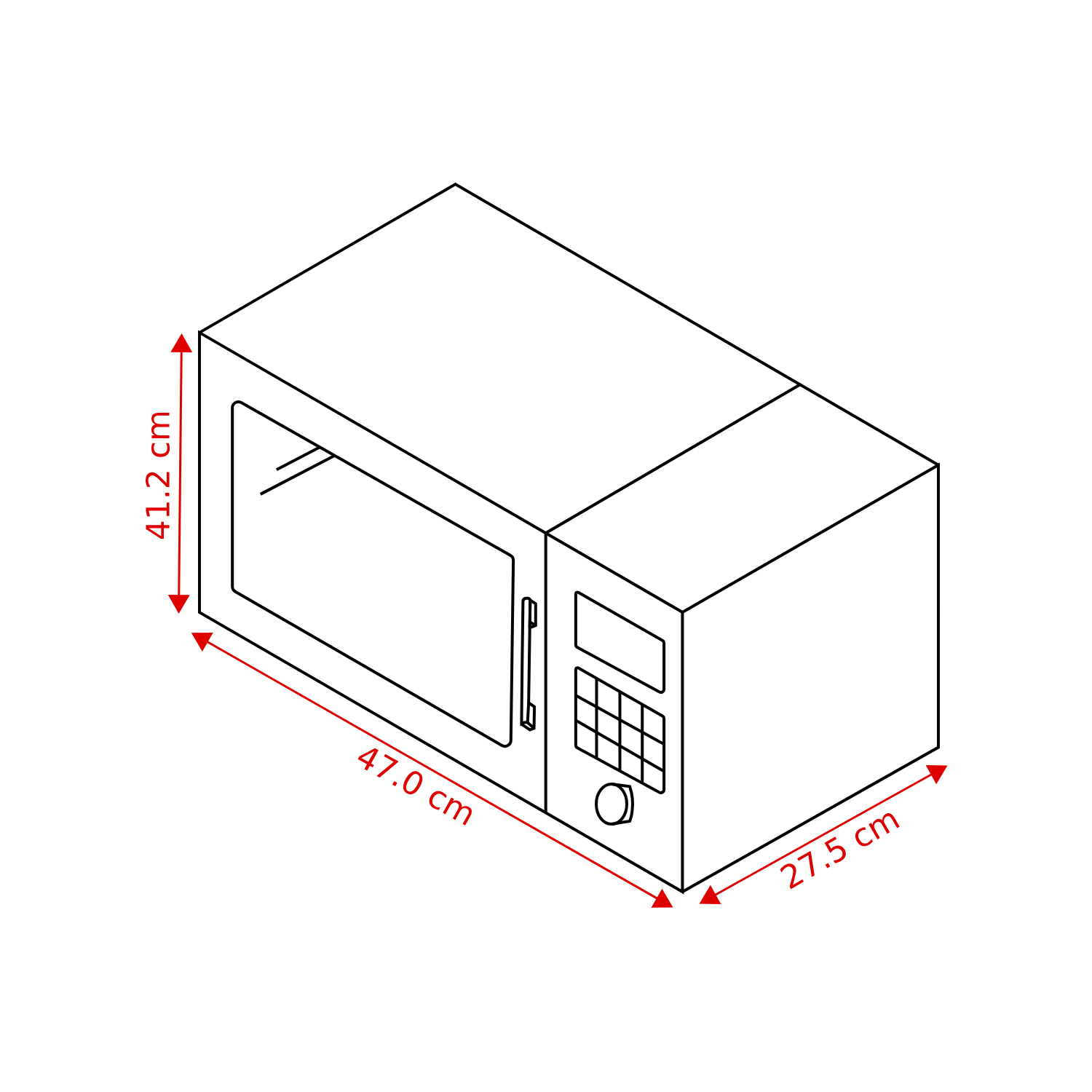Isometric view of a microwave oven with dimensions labeled: 47.0 cm, 41.2 cm, and 27.5 cm. It has a door, control panel, and dial.