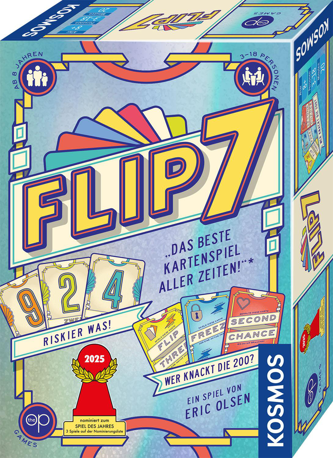 Schachtel des Kartenspiels Flip 7. Die Schachtel ist blau mit dem Titel 'FLIP 7' in Gelb. Karten und Spieldetails sind sichtbar.