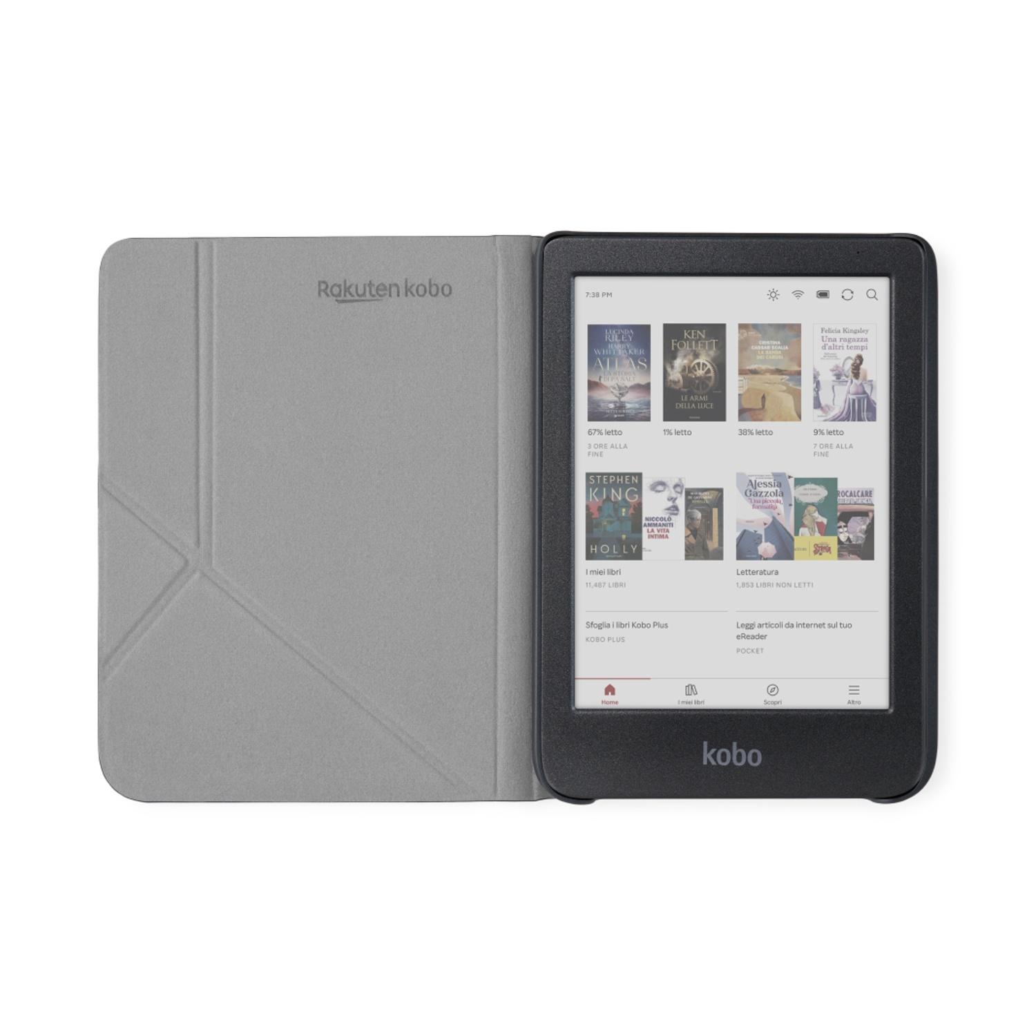Un e-reader Kobo nero è aperto, che mostra le copertine dei libri. La custodia è grigia, con il logo Rakuten Kobo.