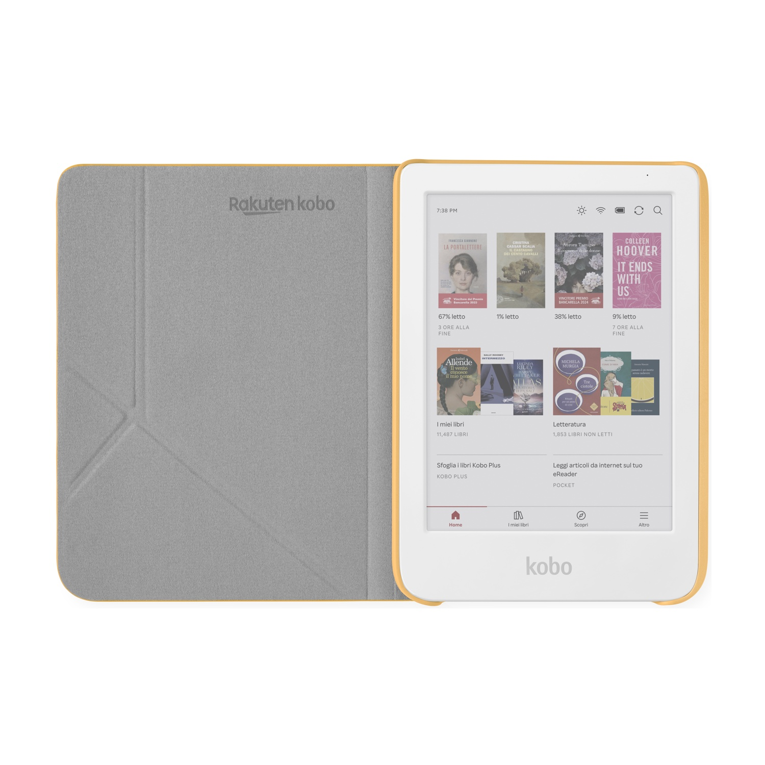 Un e-reader Kobo con custodia aperta mostra copertine di libri. La custodia è grigia con Rakuten Kobo stampato.