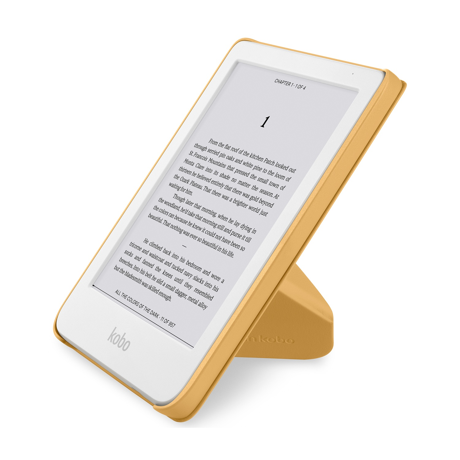Un e-reader con custodia gialla è appoggiato. Lo schermo mostra del testo e il logo Kobo è visibile. Lo sfondo è bianco.