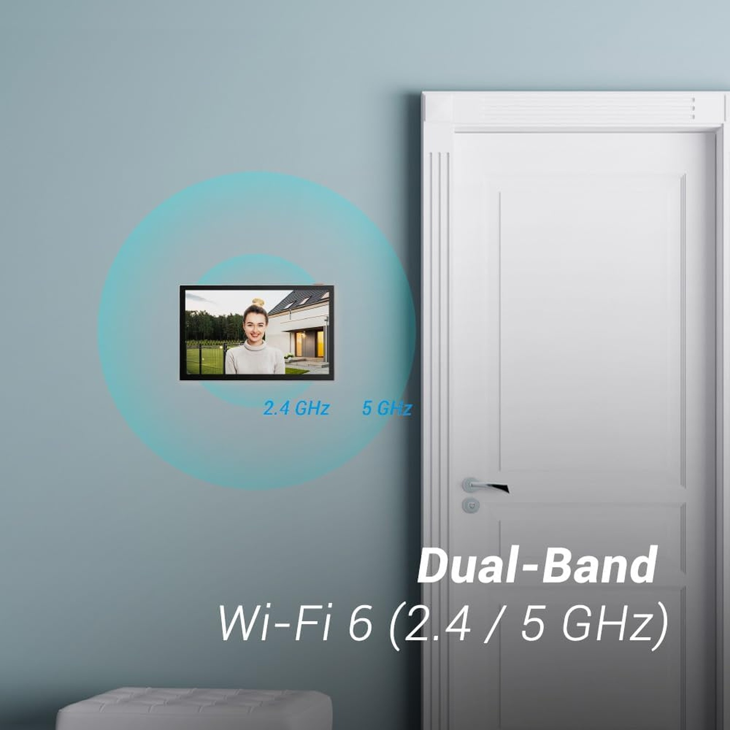 Uno schermo mostra una persona, una casa sullo sfondo. Il testo dice Dual-Band Wi-Fi 6 (2.4 / 5 GHz).