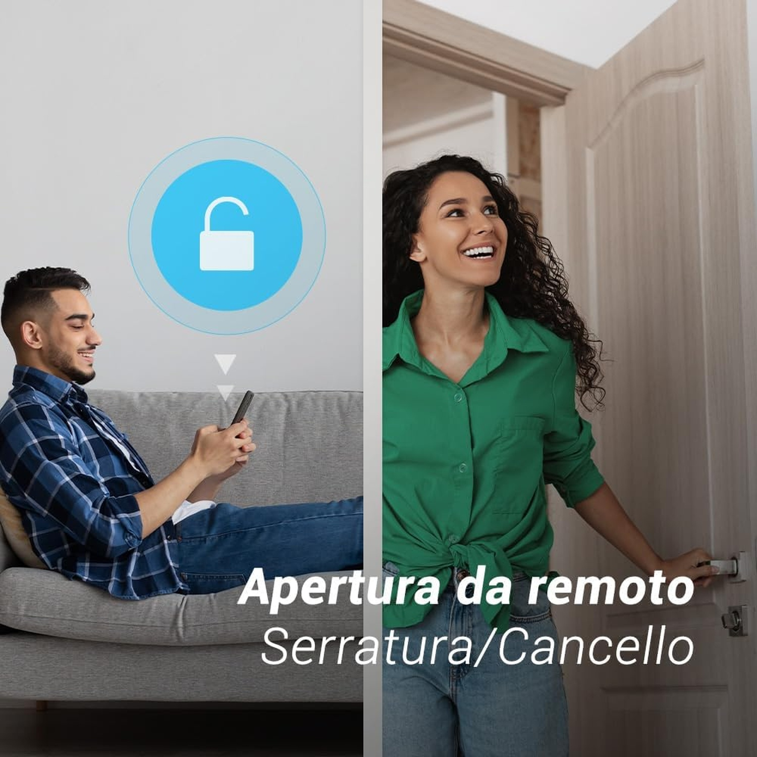 Un uomo usa un telefono, una donna apre una porta. Icona lucchetto. Testo: Apertura remota, serratura/cancello.