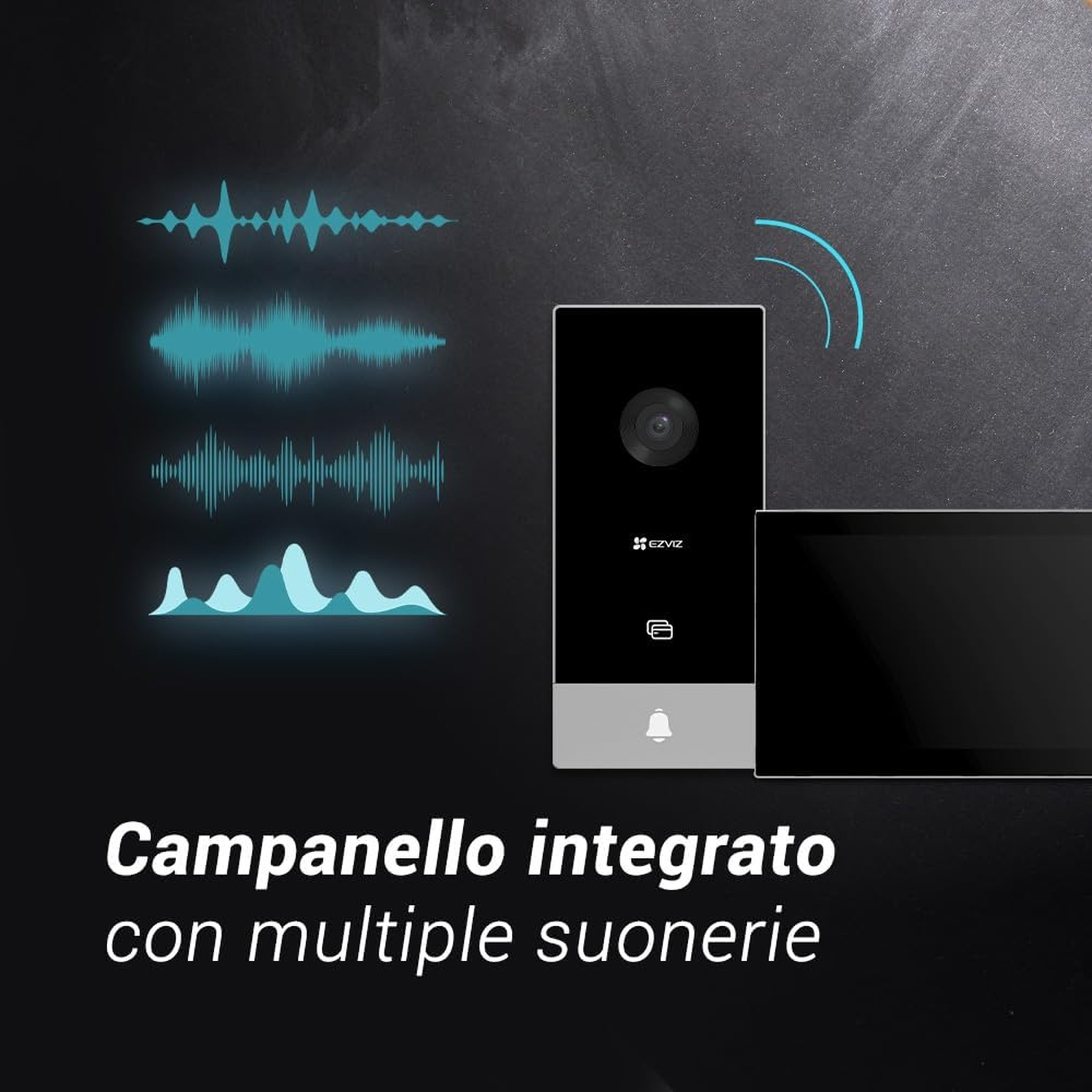Un campanello con videocamera e monitor. Vengono visualizzate le onde sonore, con il testo 'Campanello integrato con suonerie multiple'.