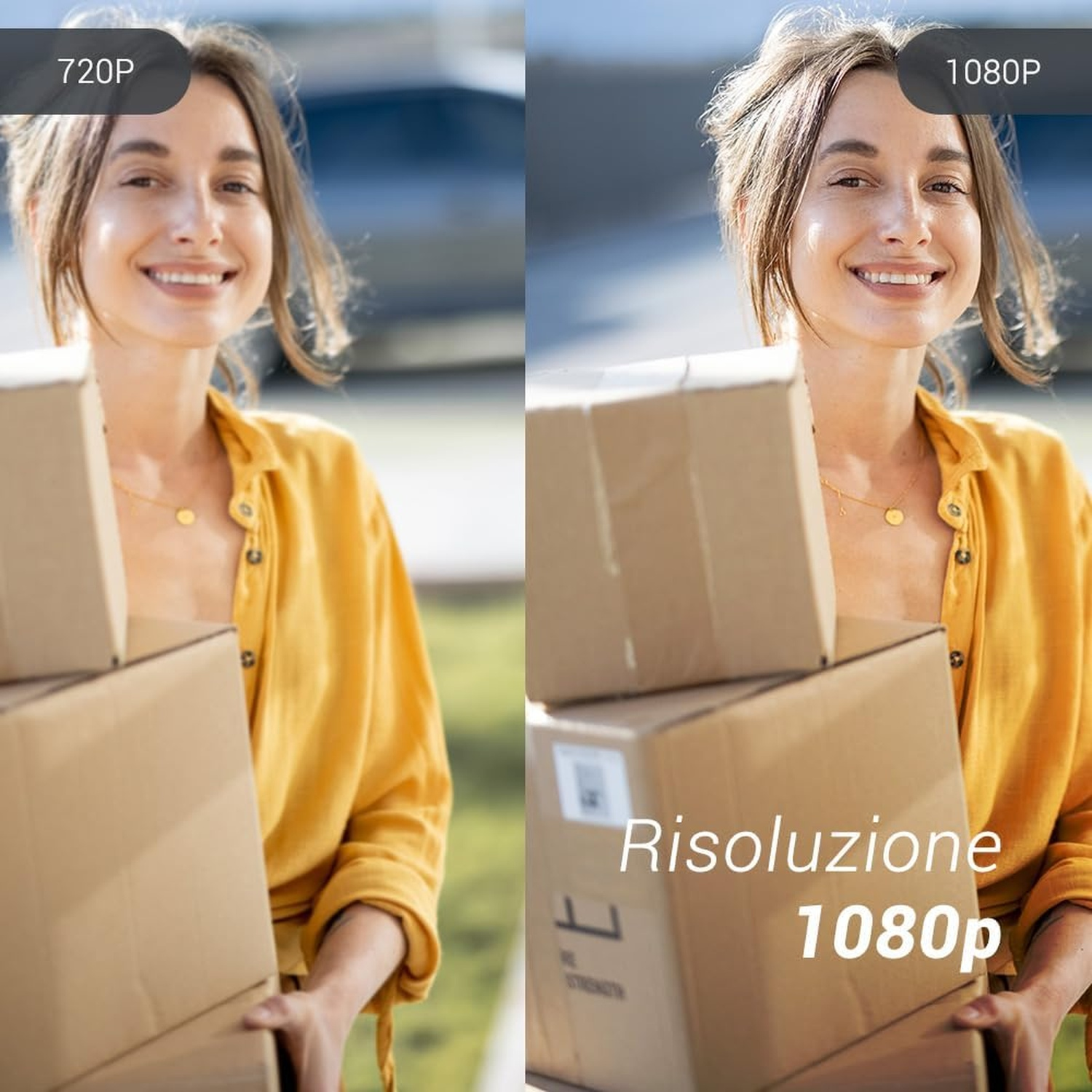 Donna in camicia gialla sorridente, tiene scatole di cartone. Sfondo con auto e verde. Risoluzione 1080p.