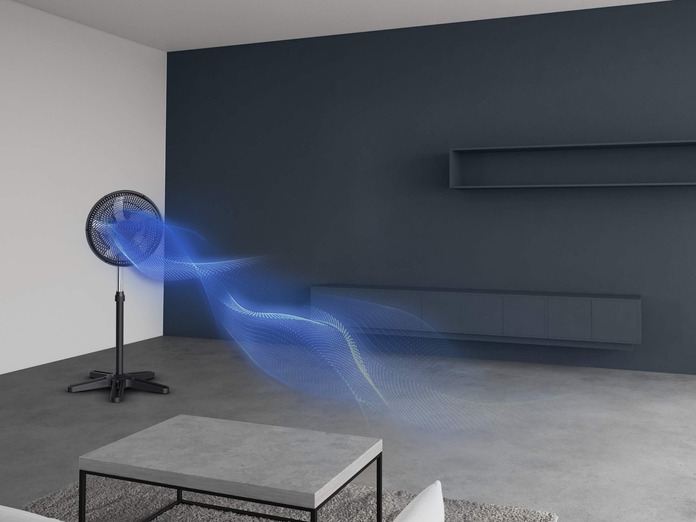 Un ventilador negro sopla aire en una habitación moderna. Se ven pisos de hormigón gris y una pared azul oscuro.