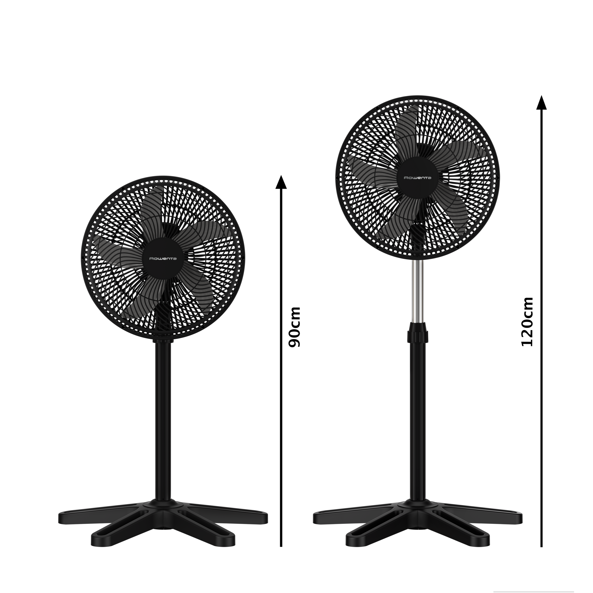Dos ventiladores eléctricos negros con el logo de Rowenta. Uno es corto, el otro es alto. Ambos tienen aspas y bases negras.