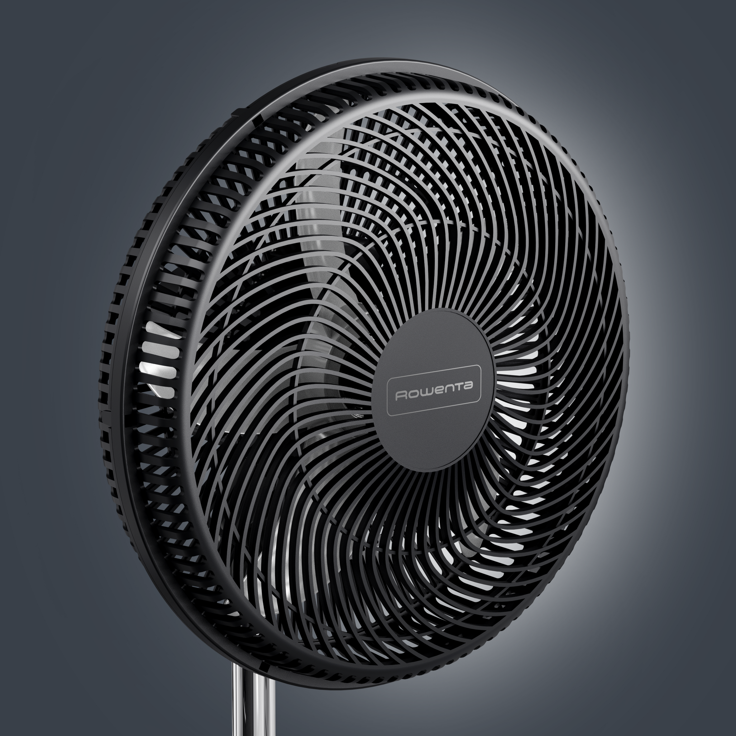 Ventilador Rowenta negro con diseño circular. El fondo es gris oscuro degradado.