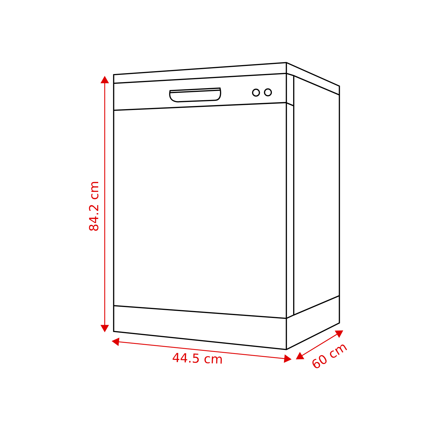 Zwart-wit lijntekening van een vaatwasser. Afmetingen: 84,2 cm hoogte, 44,5 cm breedte, 60 cm diepte.