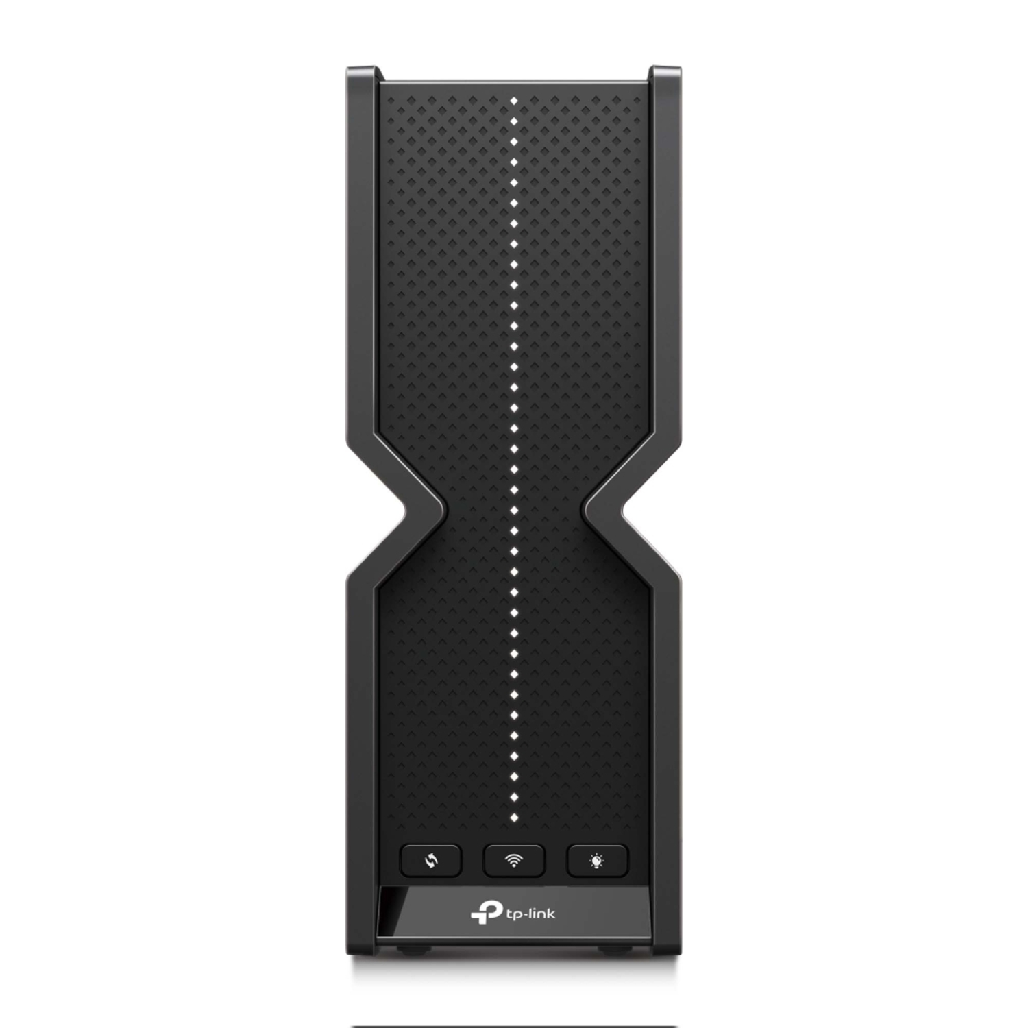 Un routeur TP-Link noir est debout. Il a une façade perforée, une ligne de lumières et des icônes d'alimentation, Wi-Fi et d'état.