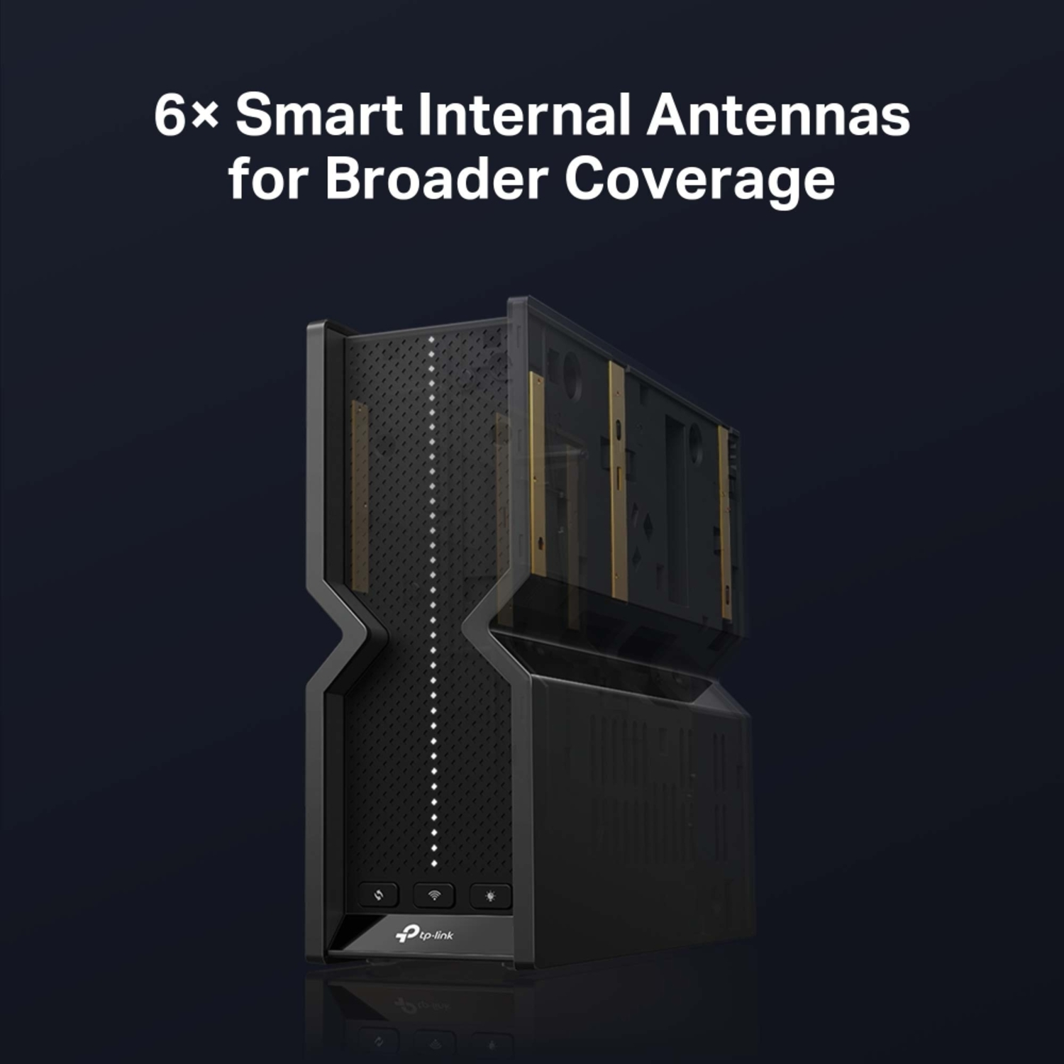 Un routeur noir et gris avec le texte '6x Smart Internal Antennas for Broader Coverage'. Le logo tp-link est visible.