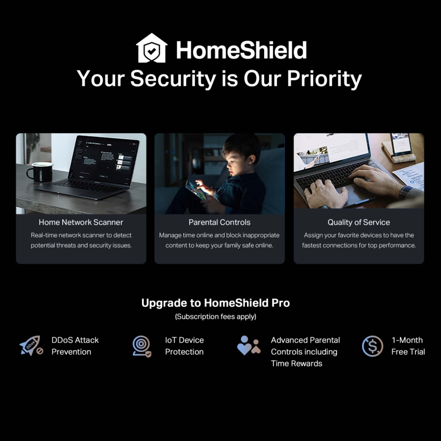 Publicité HomeShield. Montre un ordinateur portable, un enfant avec une tablette, des mains sur un ordinateur portable. Fonctionnalités : scanner, contrôle parental, qualité de service et essai gratuit.