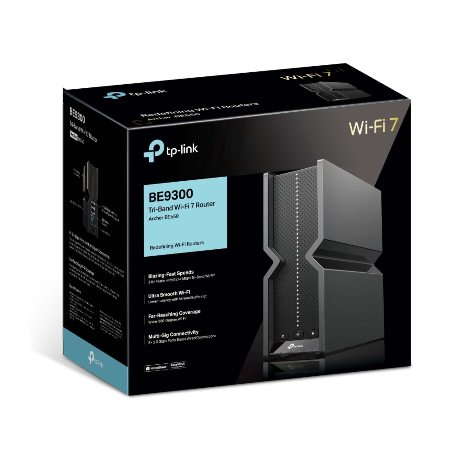 Une boîte noire de routeur Wi-Fi 7 TP-Link. Elle présente l'image et les spécifications du routeur. La boîte est sur fond sombre.