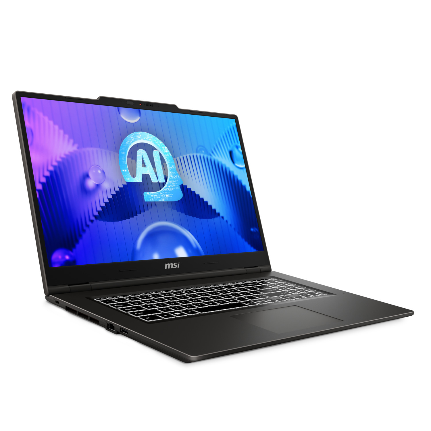 Black MSI laptop with AI on screen, keyboard, and touchpad, against a white background.