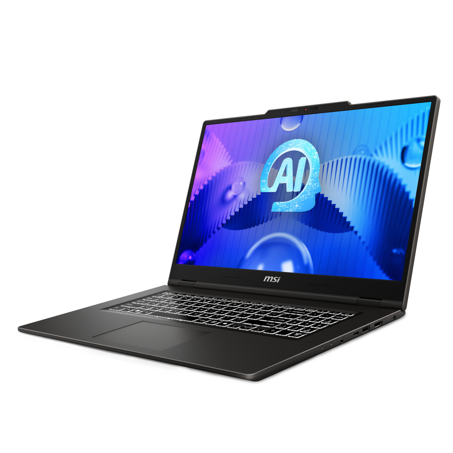 A black laptop is open with the screen displaying an AI logo. The background is white.