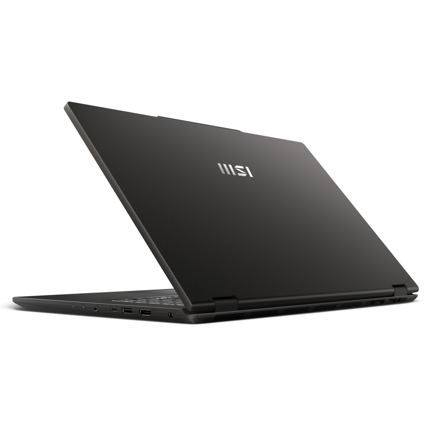 A black MSI laptop is slightly open. The screen is angled up, revealing the MSI logo. The laptop sits on a white surface.
