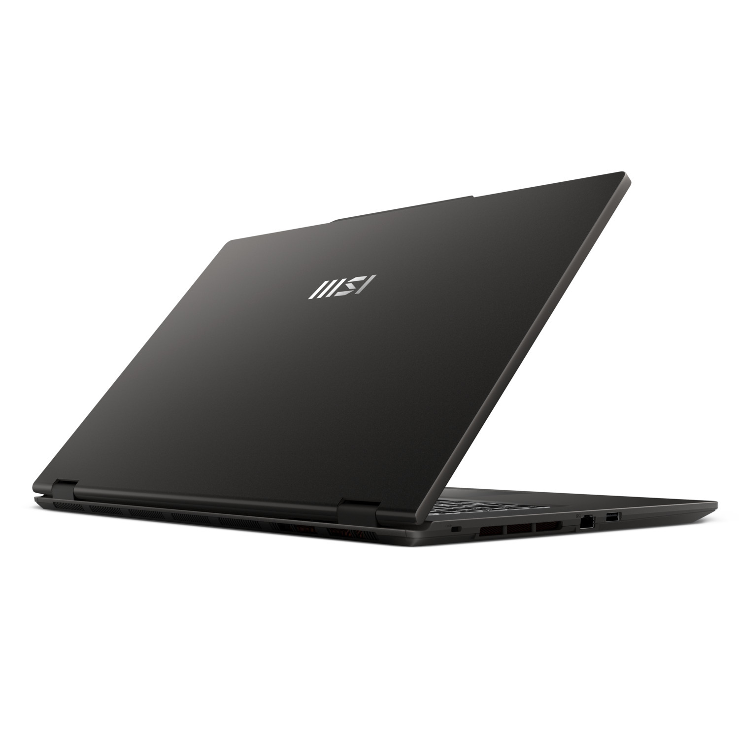 Black laptop on white background. MSI logo on the lid. The screen is slightly open.
