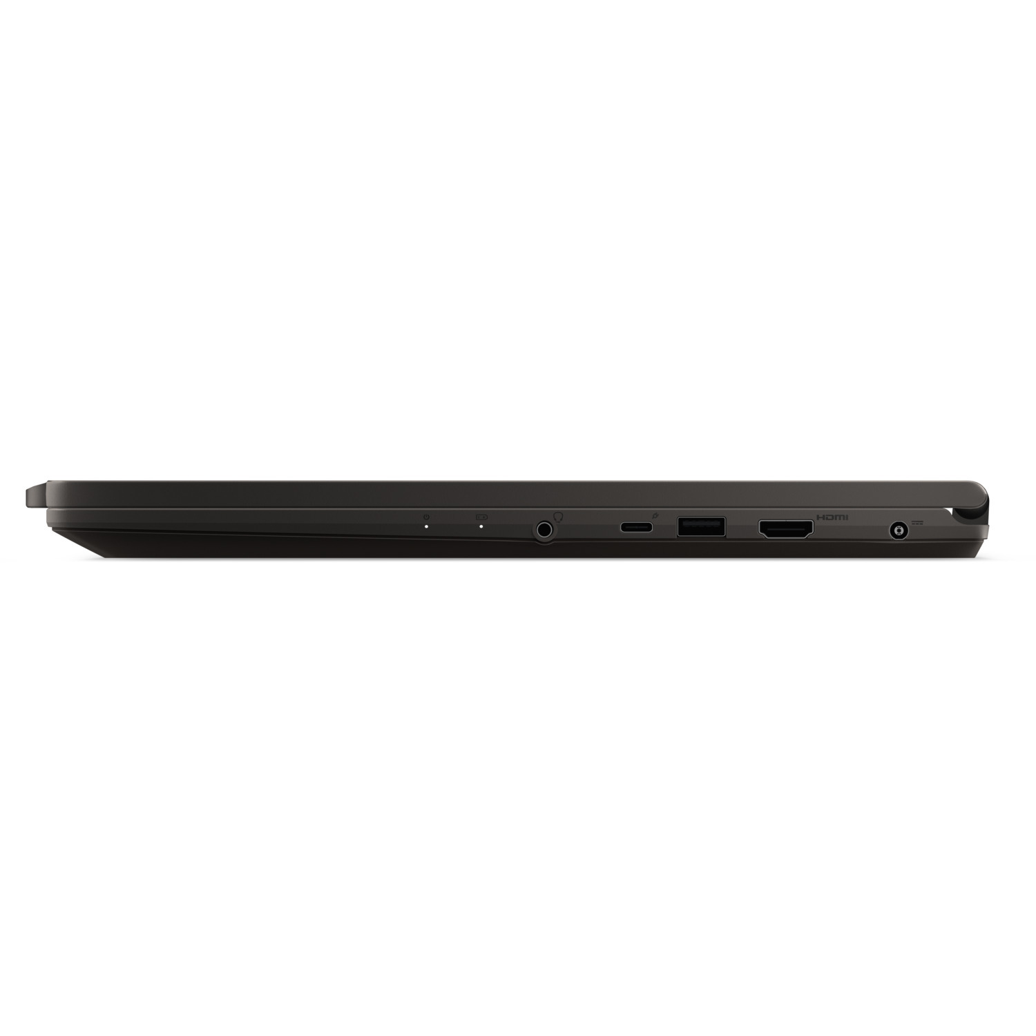 Side view of a black laptop with ports visible, including audio jack, USB-C, HDMI, and power button. Background is white.
