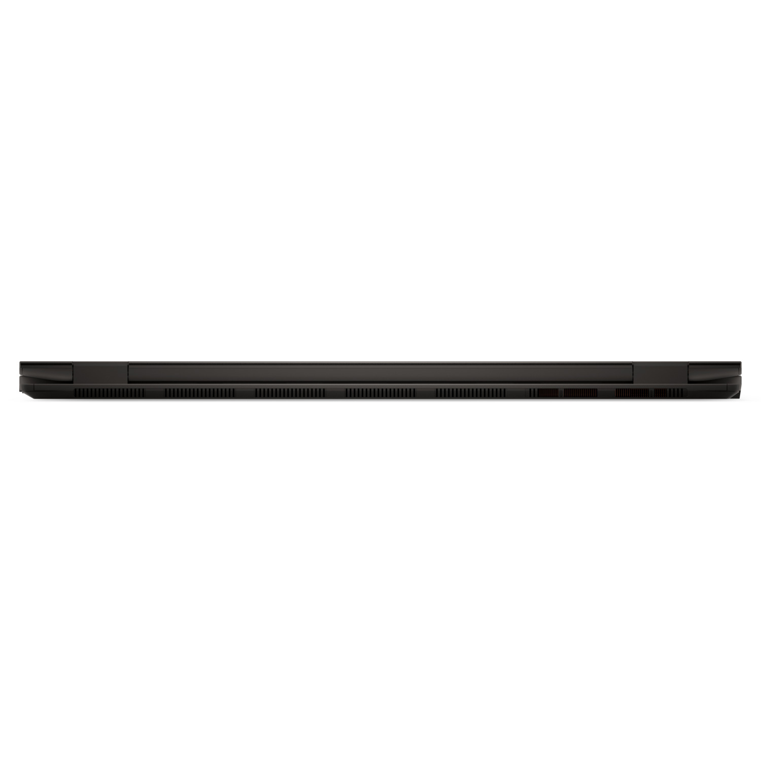 A closed black laptop is seen from a side view, showing the edge with vents and a plain white background.