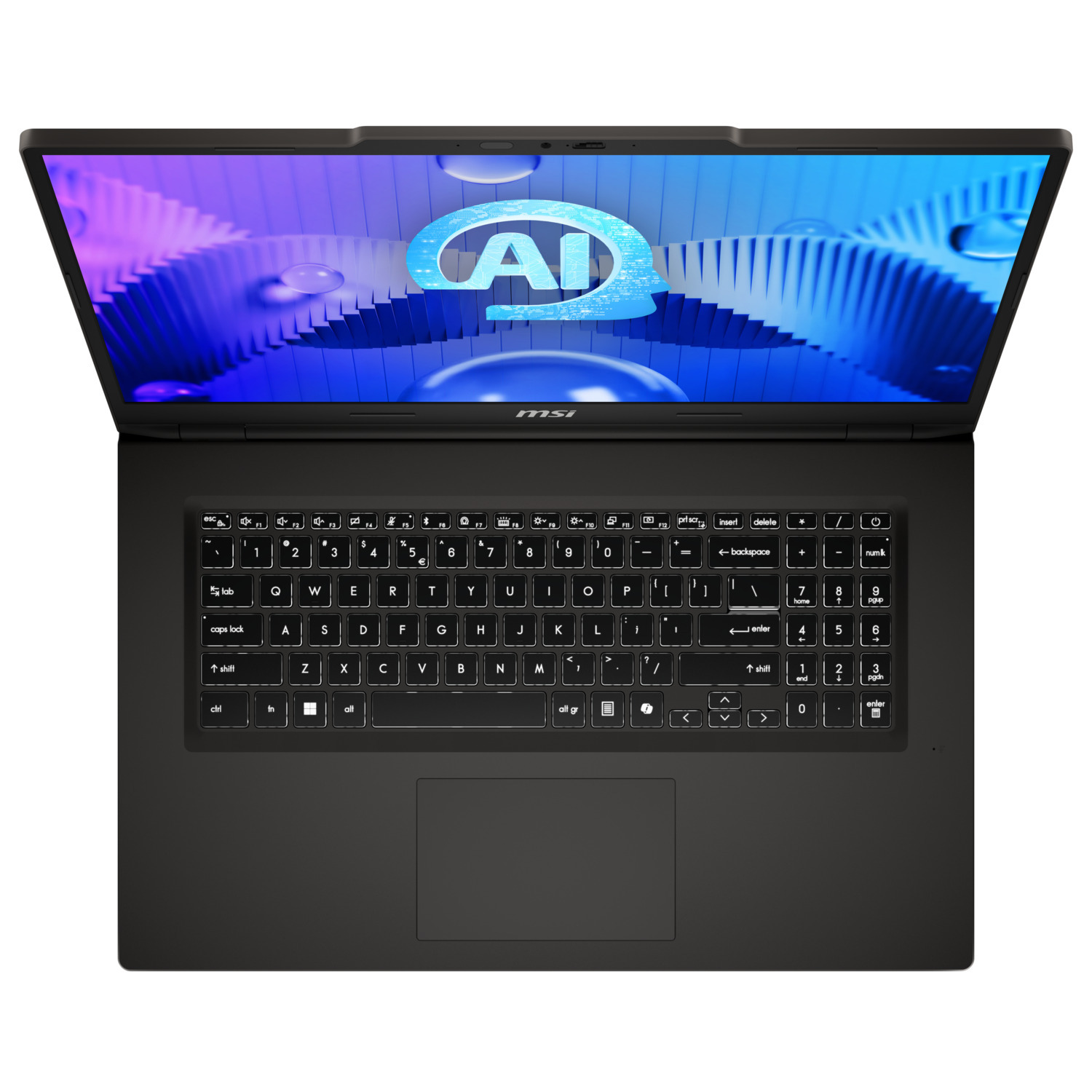 Black laptop open showing keyboard and screen. Screen displays AI logo. MSI logo below screen.
