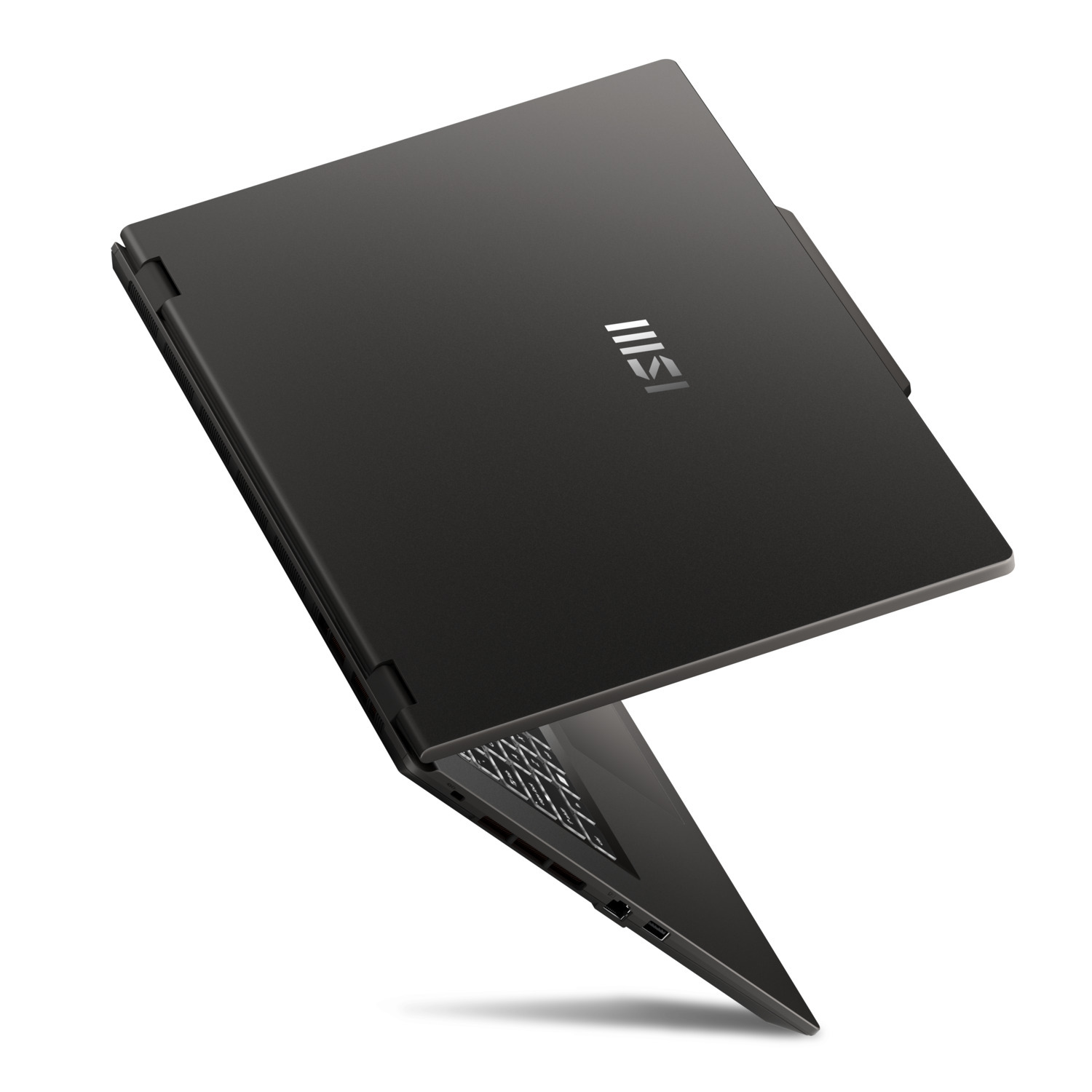 Black laptop computer, partially open, floating. The MSI logo is visible on the lid.