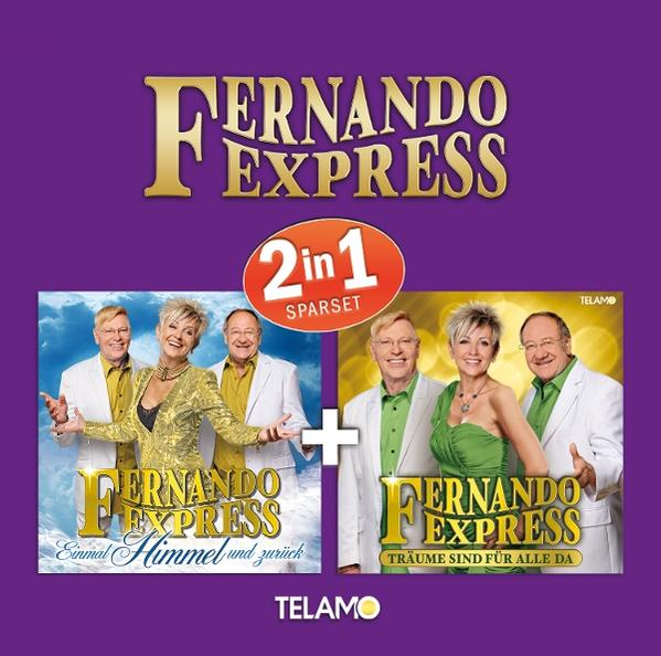 Albumcover für Fernando Express mit zwei Album-Bildern. Eines sagt 'Einmal Himmel und zurück', das andere 'Träume sind für alle da'.