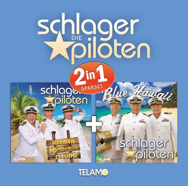Das Bild ist eine Werbegrafik für 'Schlager die Piloten'. Es zeigt Albumcover, Bandmitglieder in Uniform und Text auf blauem Grund.