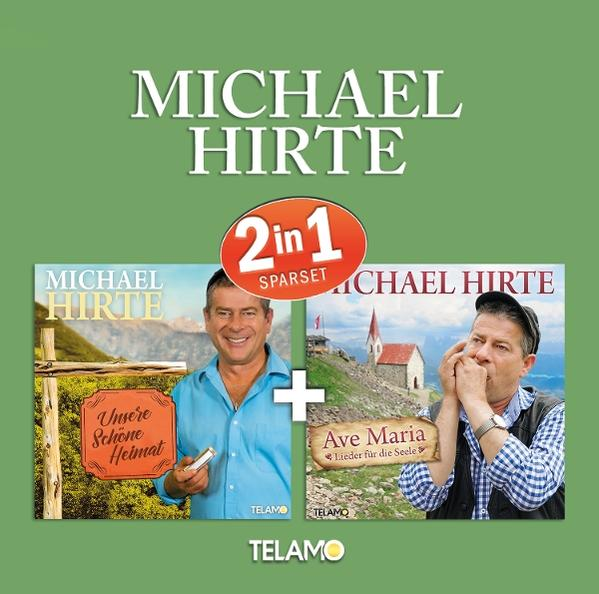 Werbebild von Michael Hirtes 2-in-1-Album. Es hat zwei Albumcover, einen lächelnden Mann und den Text '2 in 1'.