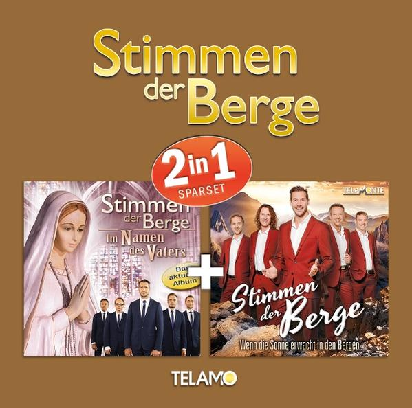 Albumcover mit religiösen Bildern und einer Männergruppe in Anzügen. Text: Stimmen der Berge, 2 in 1 Sparset. TELAMO Logo.