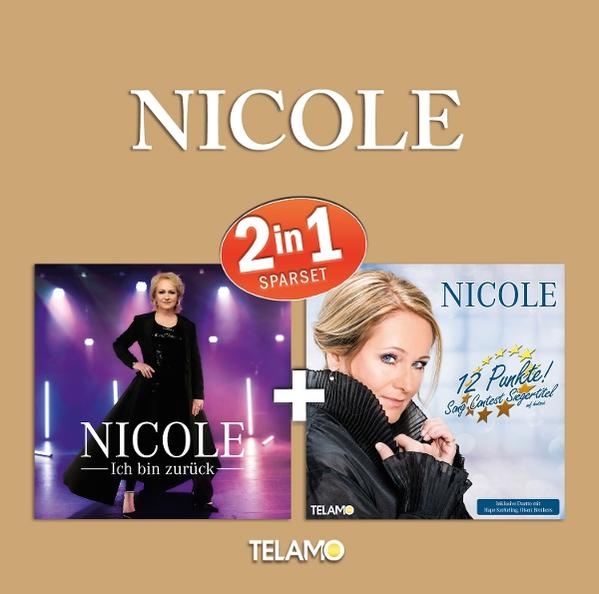 Albumcover mit Sängerin Nicole. Es ist ein 2-in-1-Set. Ein Cover sagt 'Ich bin zurück', das andere zeigt '12 Punkte! Song Contest'.