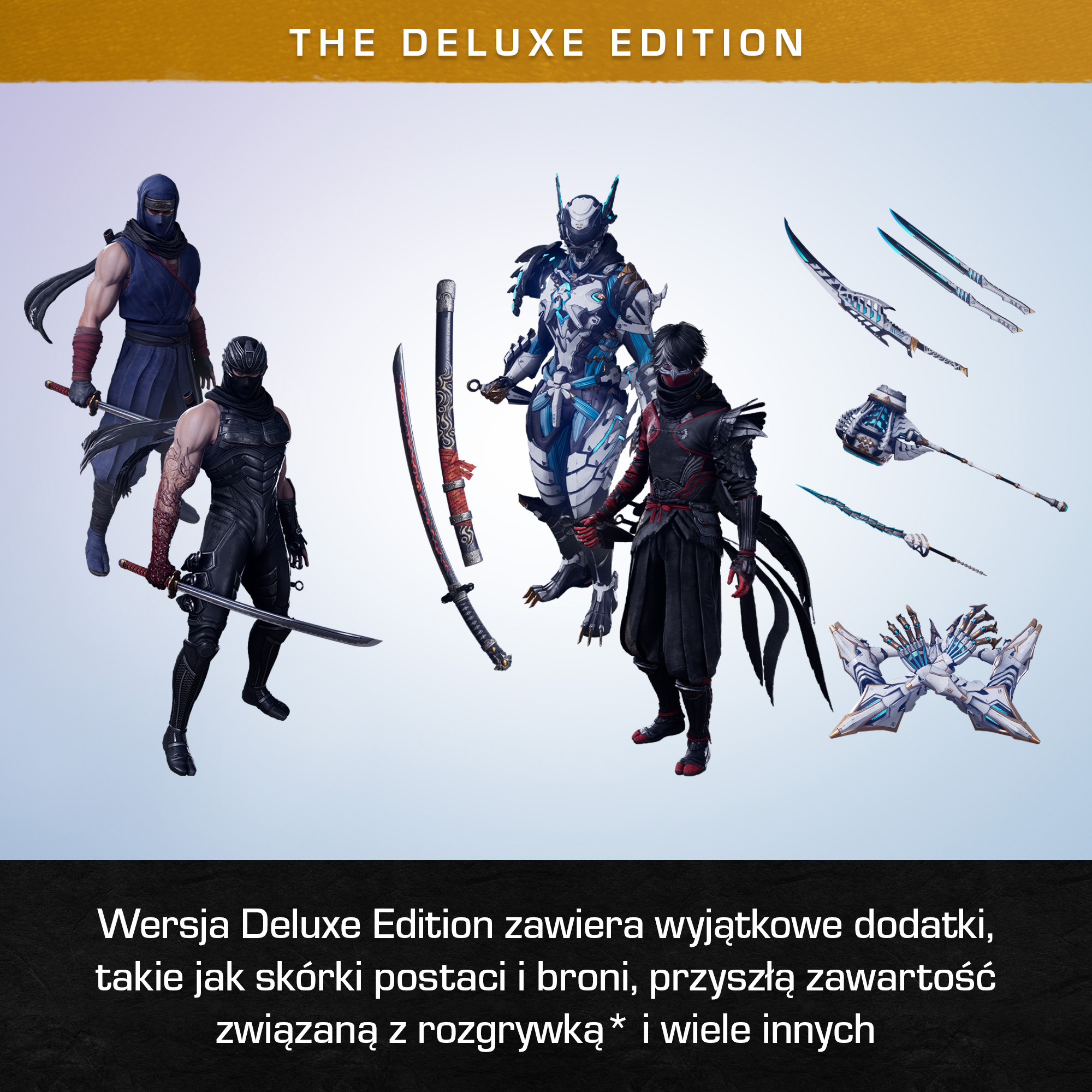 Obraz przedstawia postacie ninja i broń. Zawiera również baner Deluxe Edition oraz tekst o bonusach, takich jak skórki.
