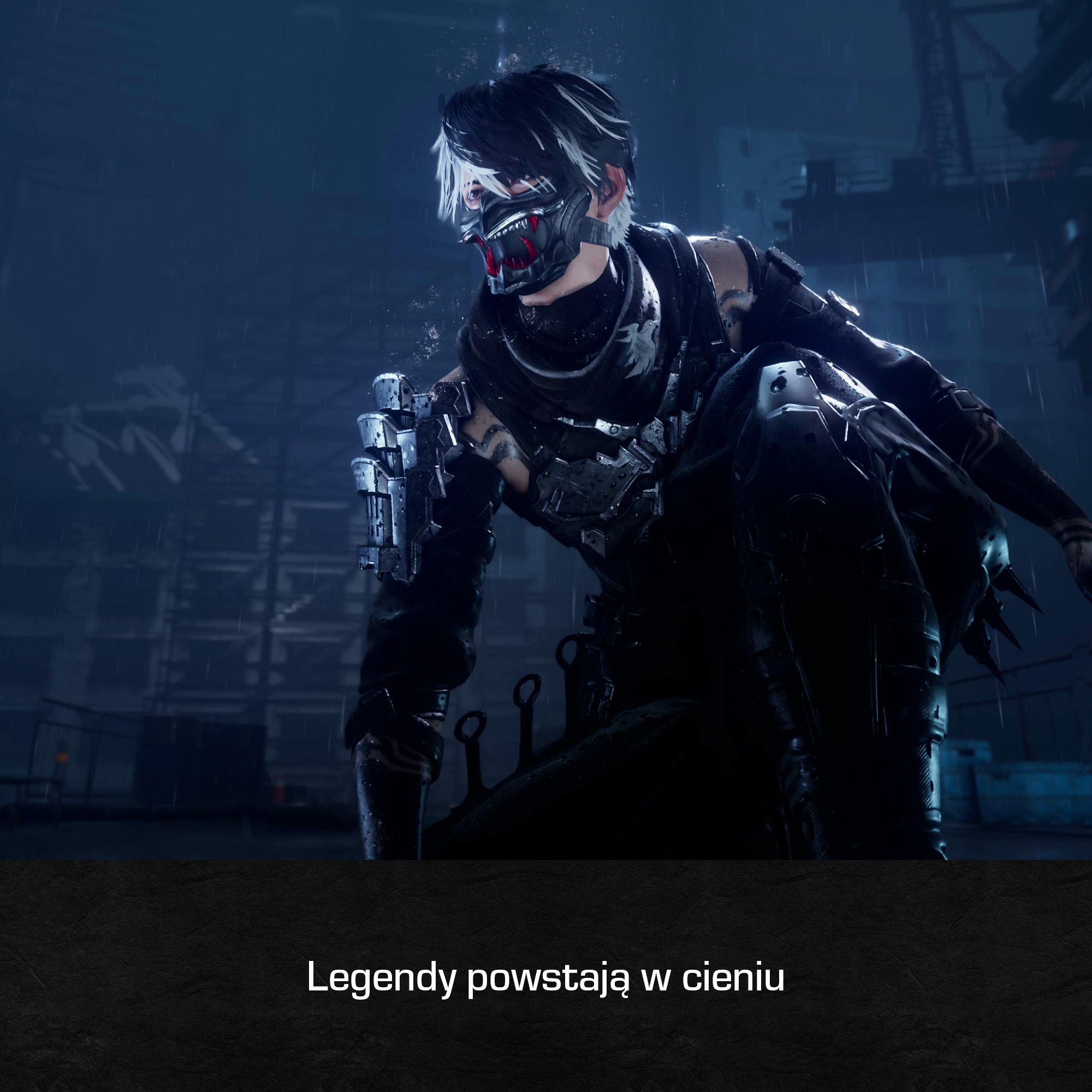 Futurystyczna postać w masce w deszczu. Ciemna zbroja i miejski krajobraz w tle.