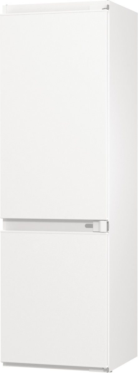 Ein weißer Kühlschrank mit zwei Türen. Die obere Tür ist größer. Die untere Tür hat einen Griff.