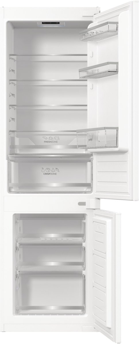 Ein offener weißer Kühlschrank. Der obere Teil hat Regale und Schubladen mit der Aufschrift 'Freshzone' und 'Crispzone'. Der untere Teil ist ebenfalls offen.