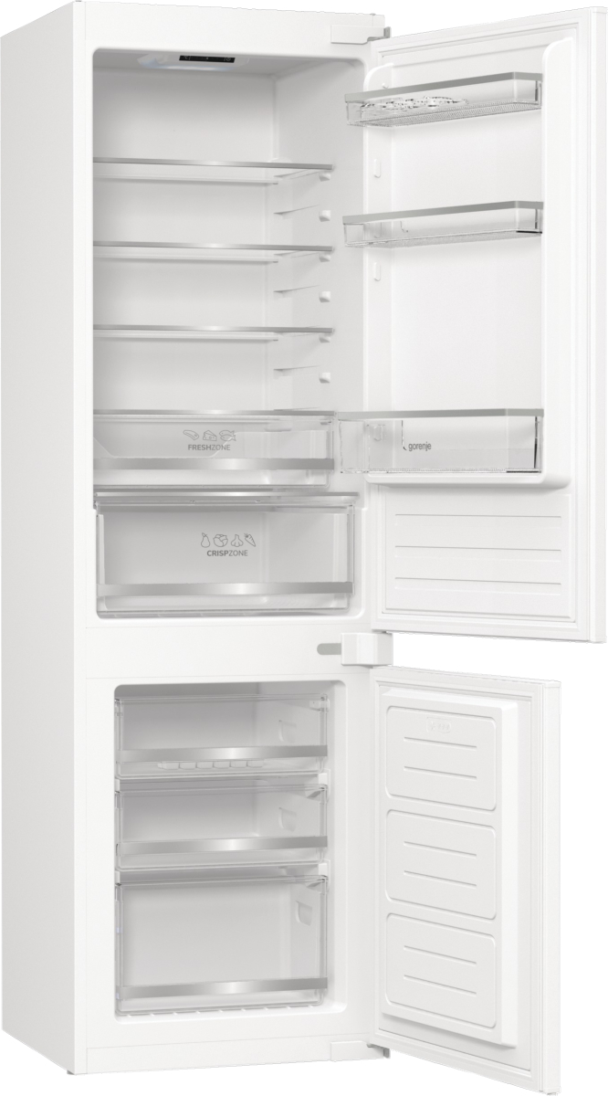 Ein weißer Kühlschrank mit offener Tür, die Regale, Schubladen und Fächer zeigt. Der Kühlschrank ist leer.