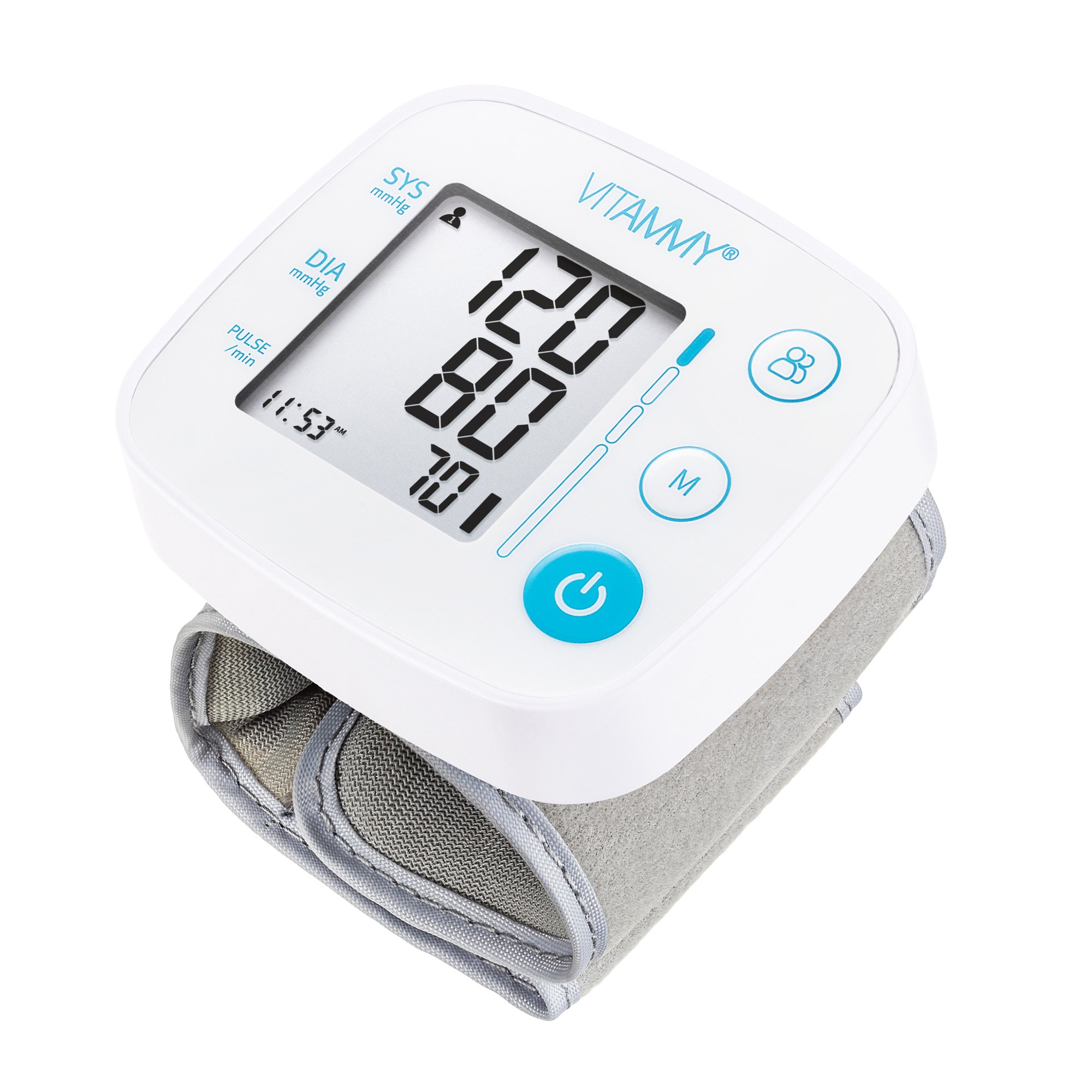 Biały ciśnieniomierz z cyfrowym wyświetlaczem. Szary mankiet nadgarstka. Widoczne niebieskie przyciski.