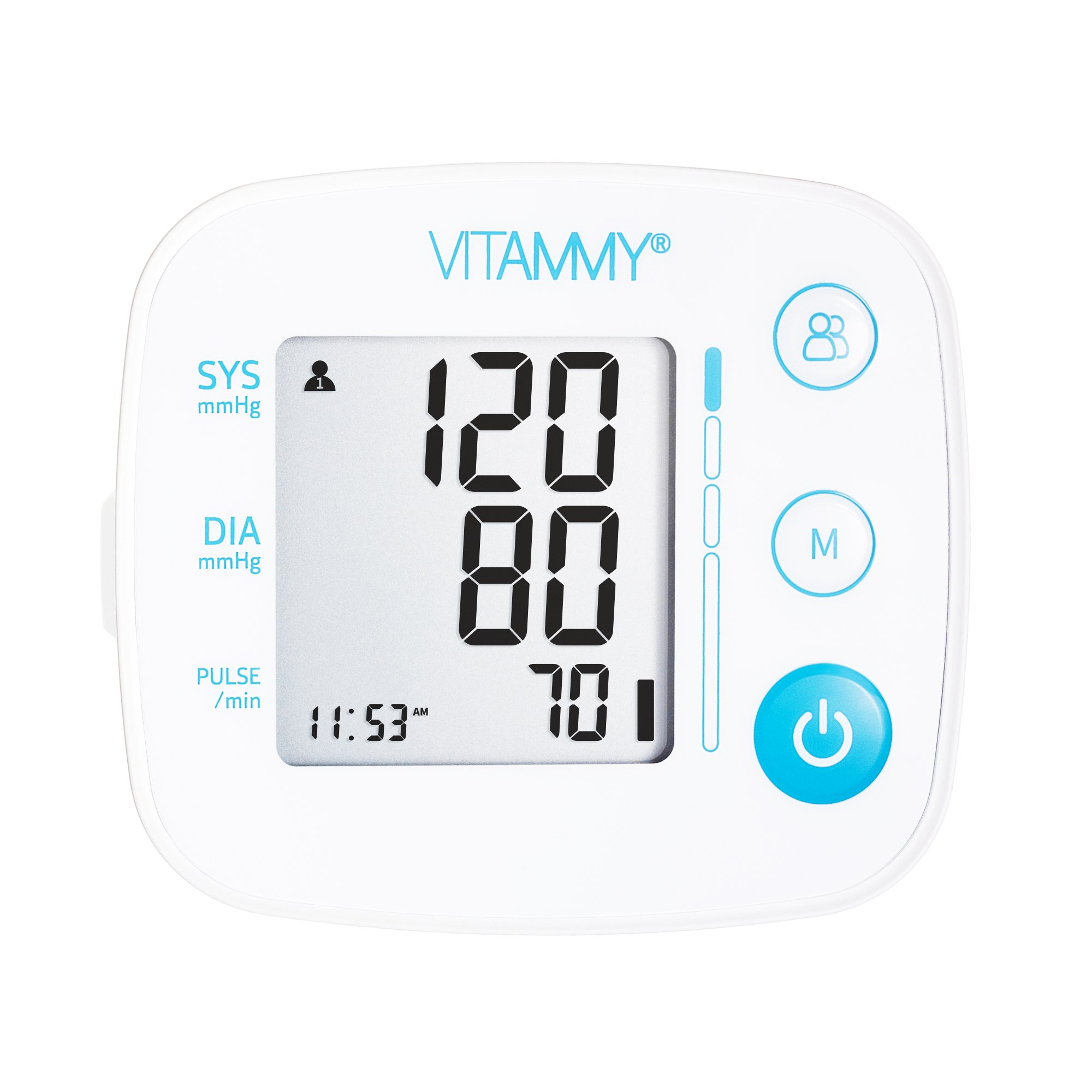 Biały ciśnieniomierz wyświetla odczyty: 120/80 tętno 70 i godzinę 11:53 AM. Posiada niebieskie przyciski zasilania i funkcji.