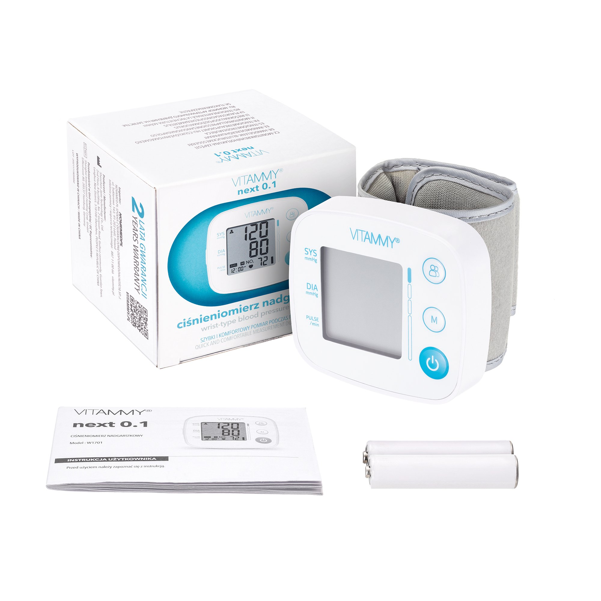 Wyświetlany jest ciśnieniomierz, pudełko i instrukcja. Monitor pokazuje odczyty ciśnienia krwi.