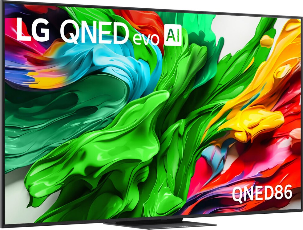 Il TV LG QNED evo mostra arte astratta colorata. Pennellate verdi, blu, rosse e gialle riempiono lo schermo, modello QNED86.