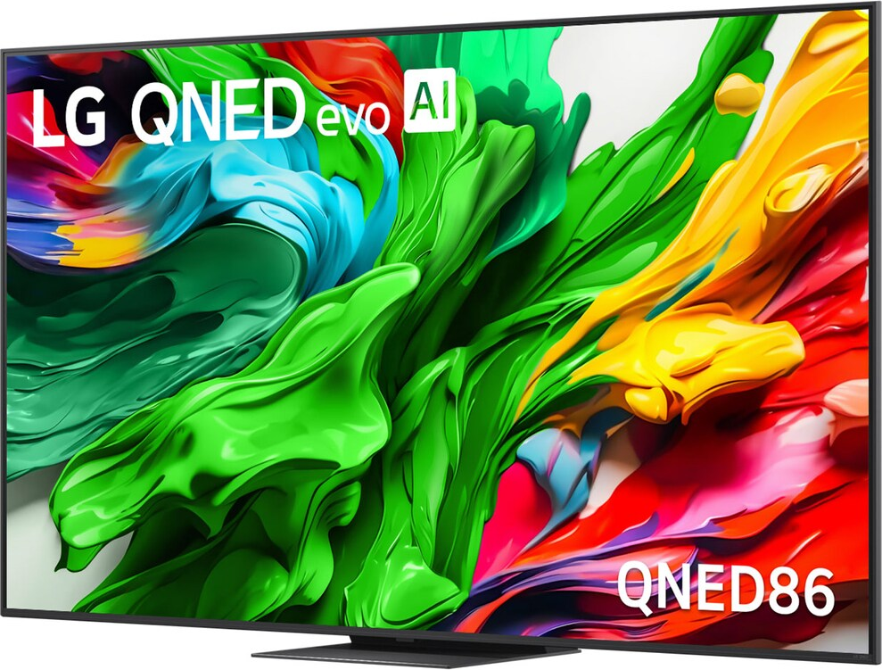 TV LG QNED evo AI che mostra arte astratta colorata. Tratti di vernice verdi, blu, gialli e rossi dominano lo schermo.