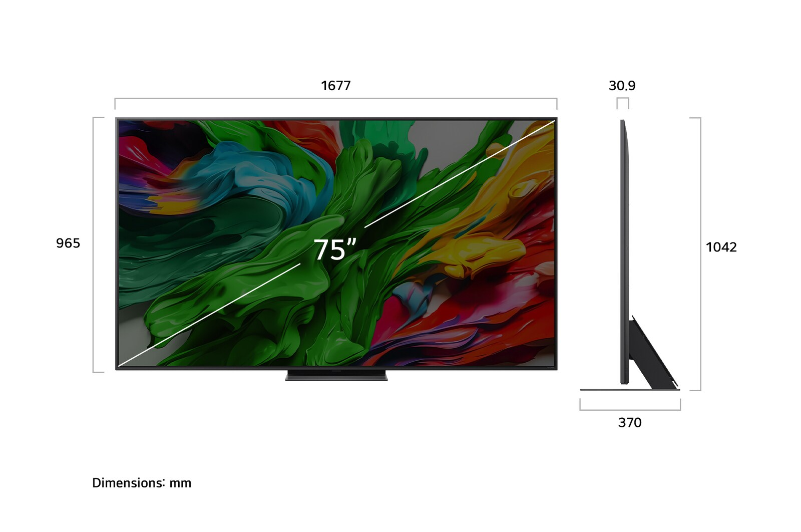 Una TV da 75 pollici con un'immagine astratta colorata sullo schermo. Dimensioni in mm: 1677x965x30,9, con base di 370.