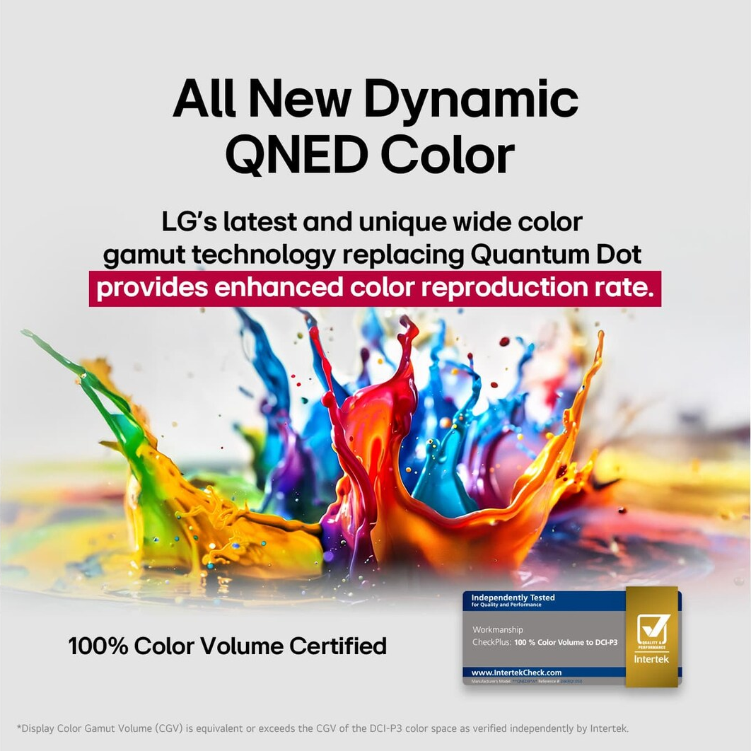Schizzo di vernice colorata in rosso, blu e giallo. Testo: All New Dynamic QNED Color, 100% Color Volume Certified, logo Intertek.