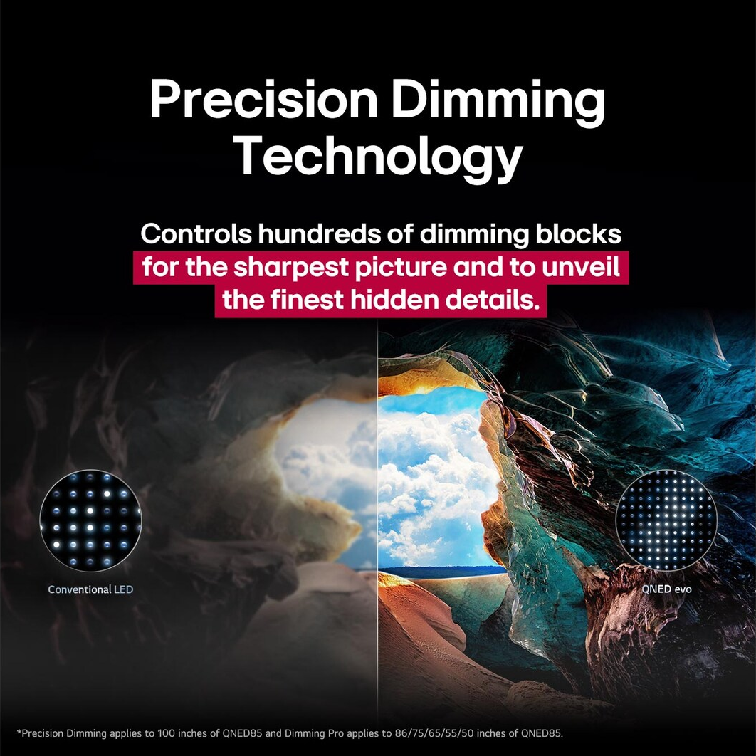 L'immagine mostra 'Precision Dimming Technology' con un confronto tra LED convenzionale e QNED evo. Il testo evidenzia la nitidezza dell'immagine e i dettagli nascosti.