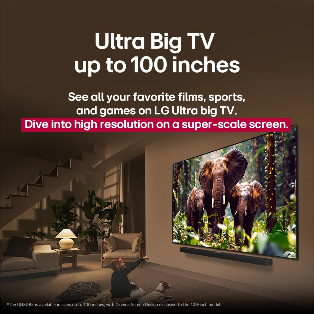 Annuncio LG Ultra Big TV. Un bambino e un cane indicano una grande TV con elefanti. Testo: Ultra Big TV fino a 100 pollici.